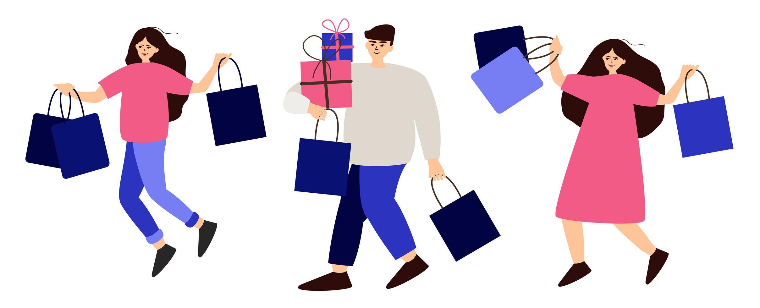 Collection of people carrying shopping bags with purchases. Men and women taking part in seasonal sale at store, shop, mall. Cartoon characters isolated on white background. Flat vector illustration