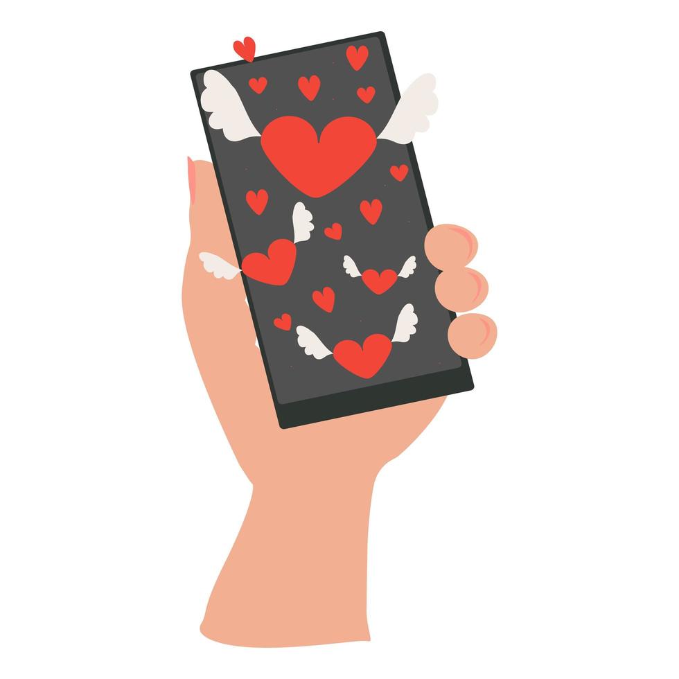 Sending love message concept. Hand holding telephone with heart. Vector illustration .