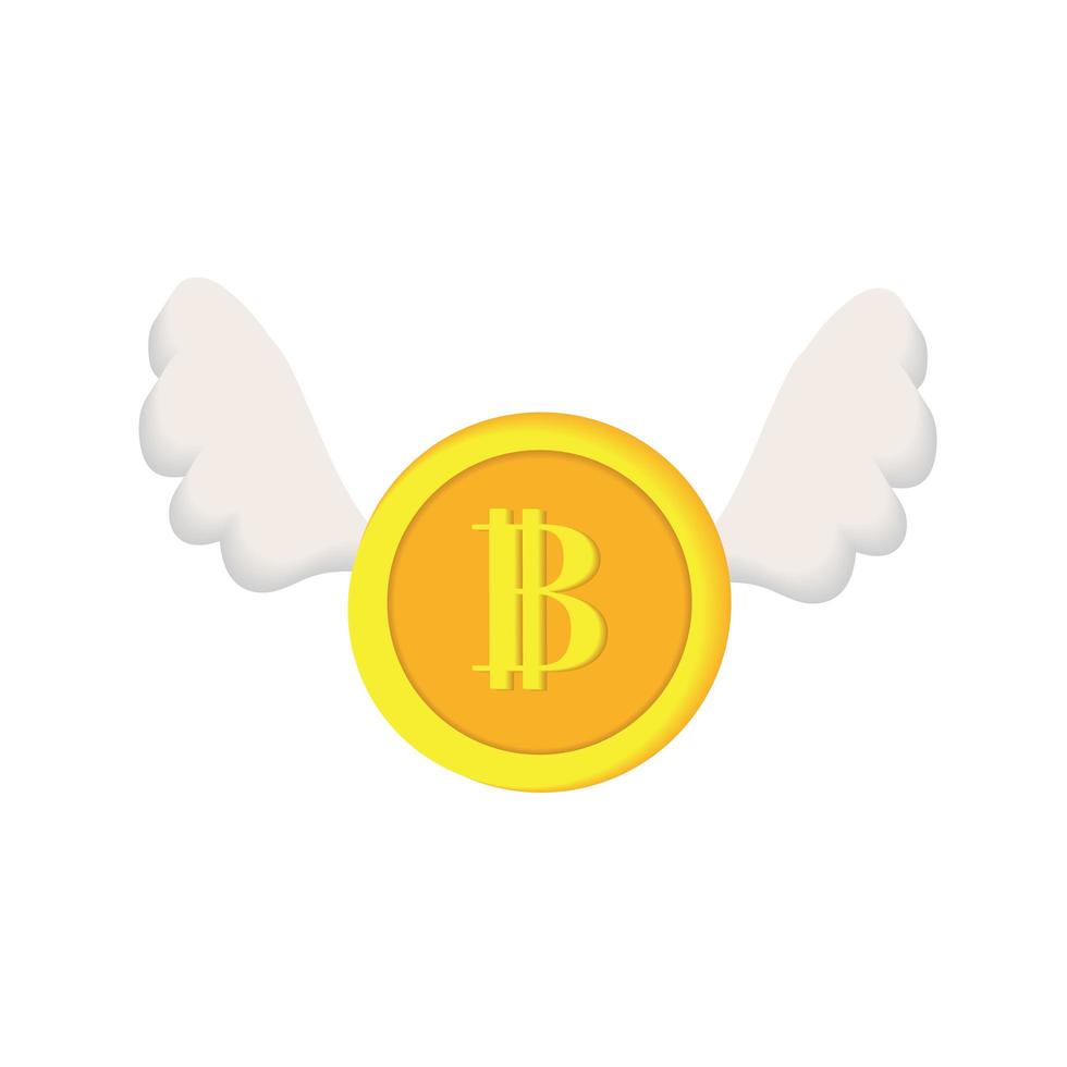 Golden bitcoin coin with wings. vector