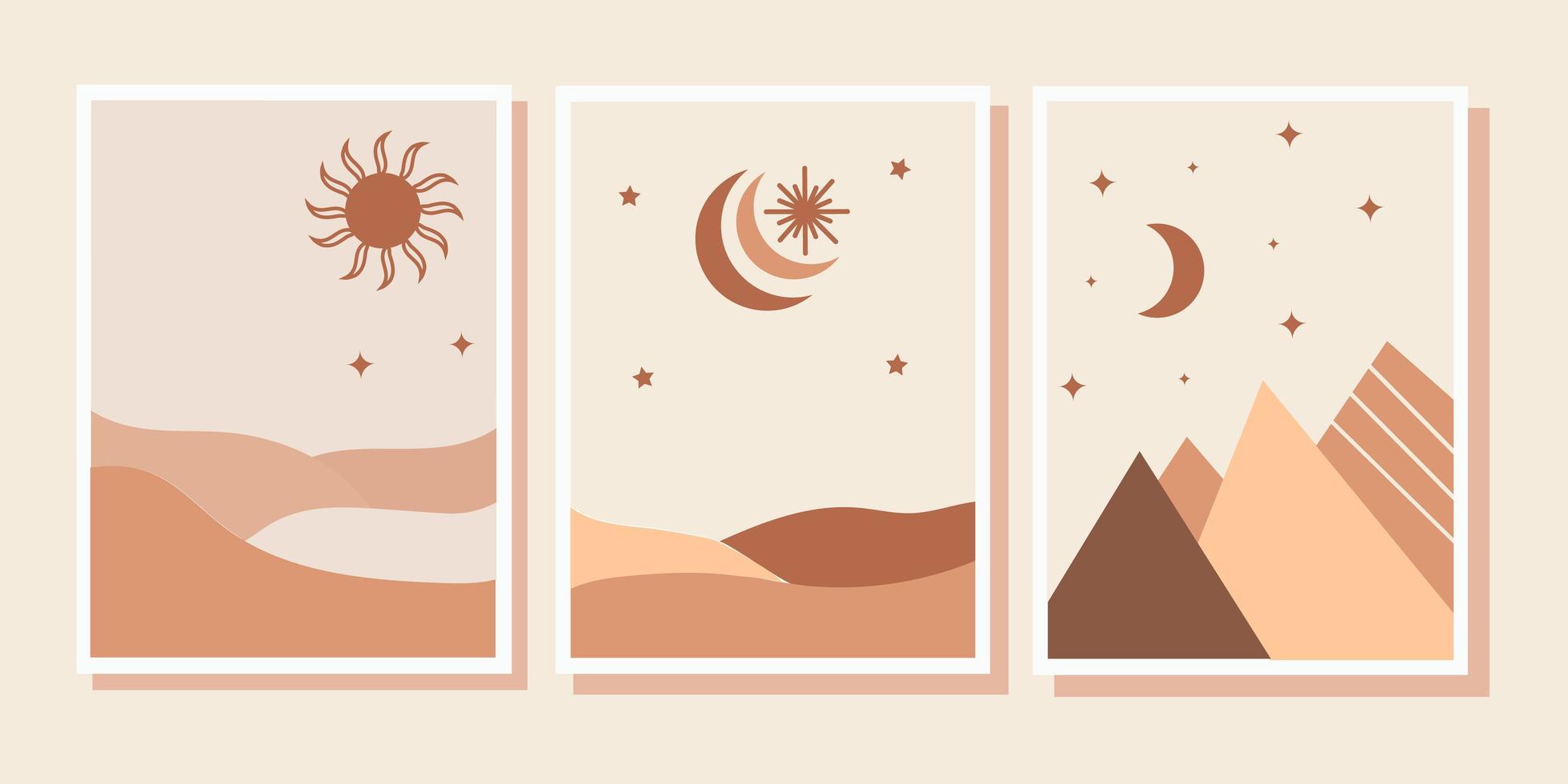 fondo estético moderno abstracto, paisaje montañoso del desierto con sol y luna. tonos de colores neutros. decoración de pared de estilo boho. vector