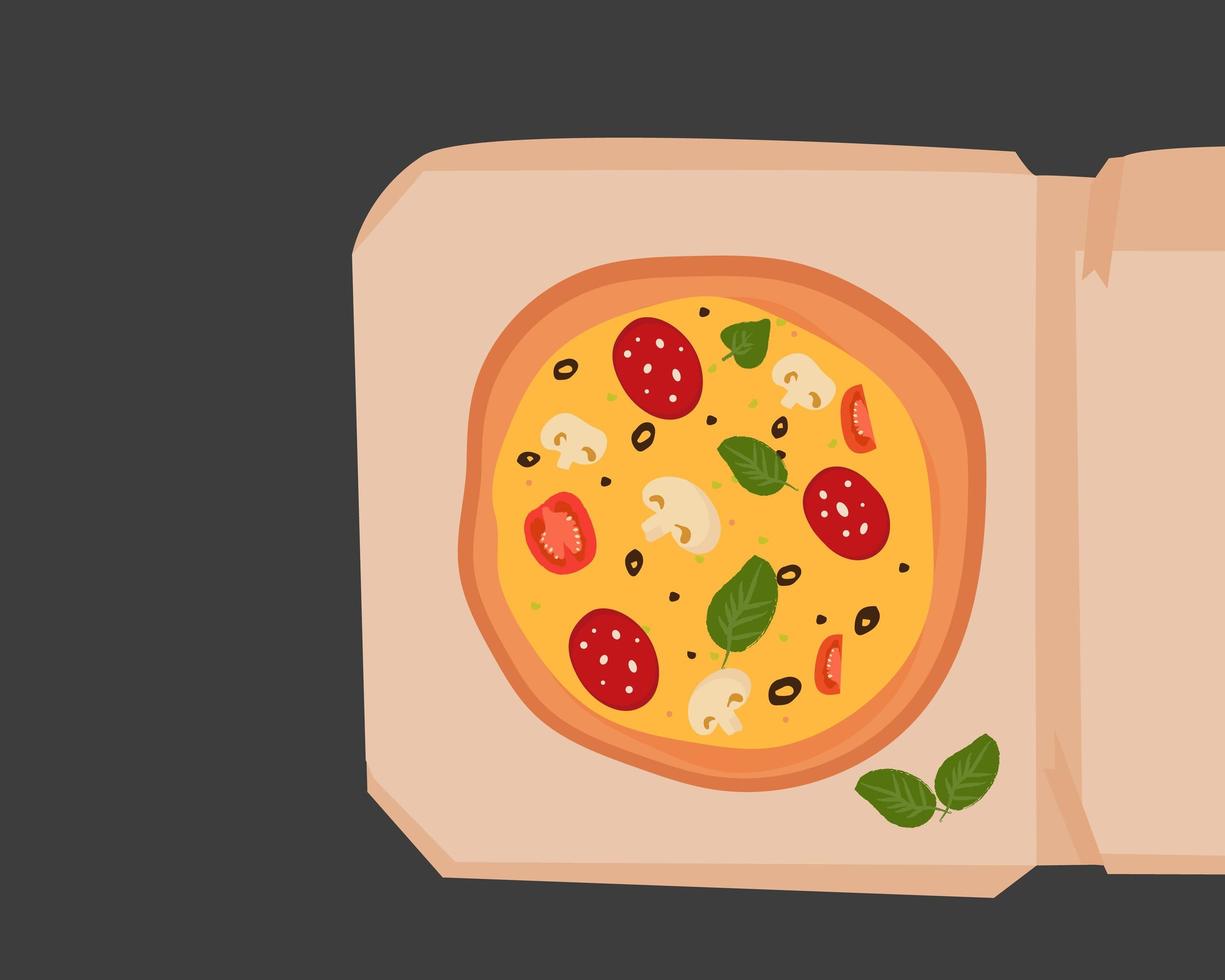 ilustración vectorial de una pizza dibujada a mano con queso, salchicha y tomate y albahaca en una caja sobre un fondo negro. vector