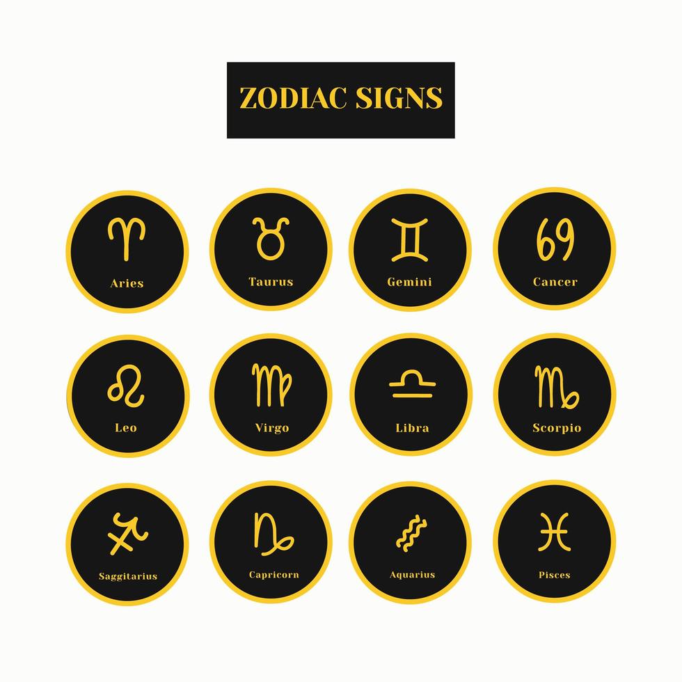 signos del zodiaco. un conjunto de íconos zodiacos negros y dorados aislados en un fondo blanco. símbolos astrológicos del zodiaco. astrología védica vector