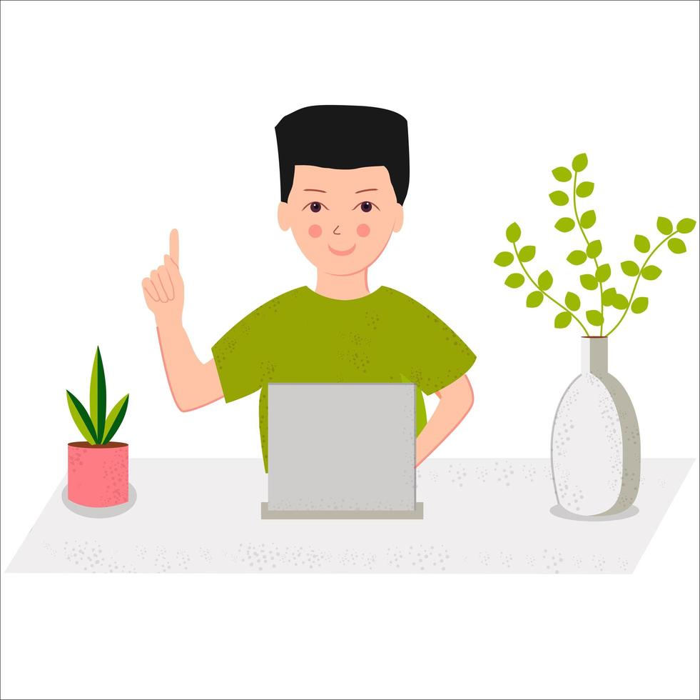 Man in casual outfit sitting home in comfortable armchair and browsing or working on laptop at his laps. Flat style color modern vector illustration
