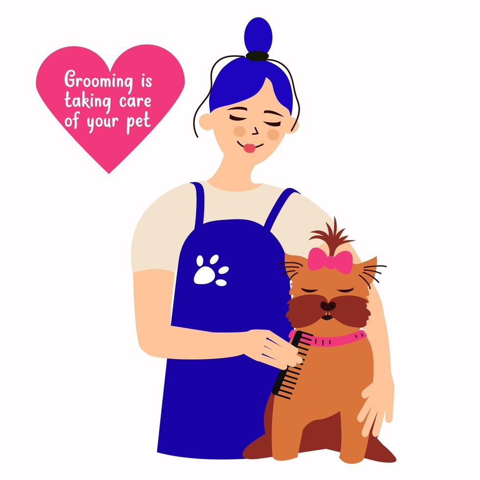 mujer peina a un perro. cepillado de perros. cuidado de perros ilustración vectorial vector