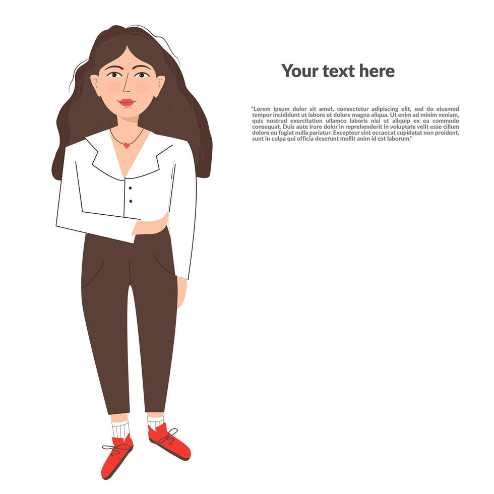 Portrait of a happy beautiful girl with arms crossed. Woman in the office. Vector flat illustration