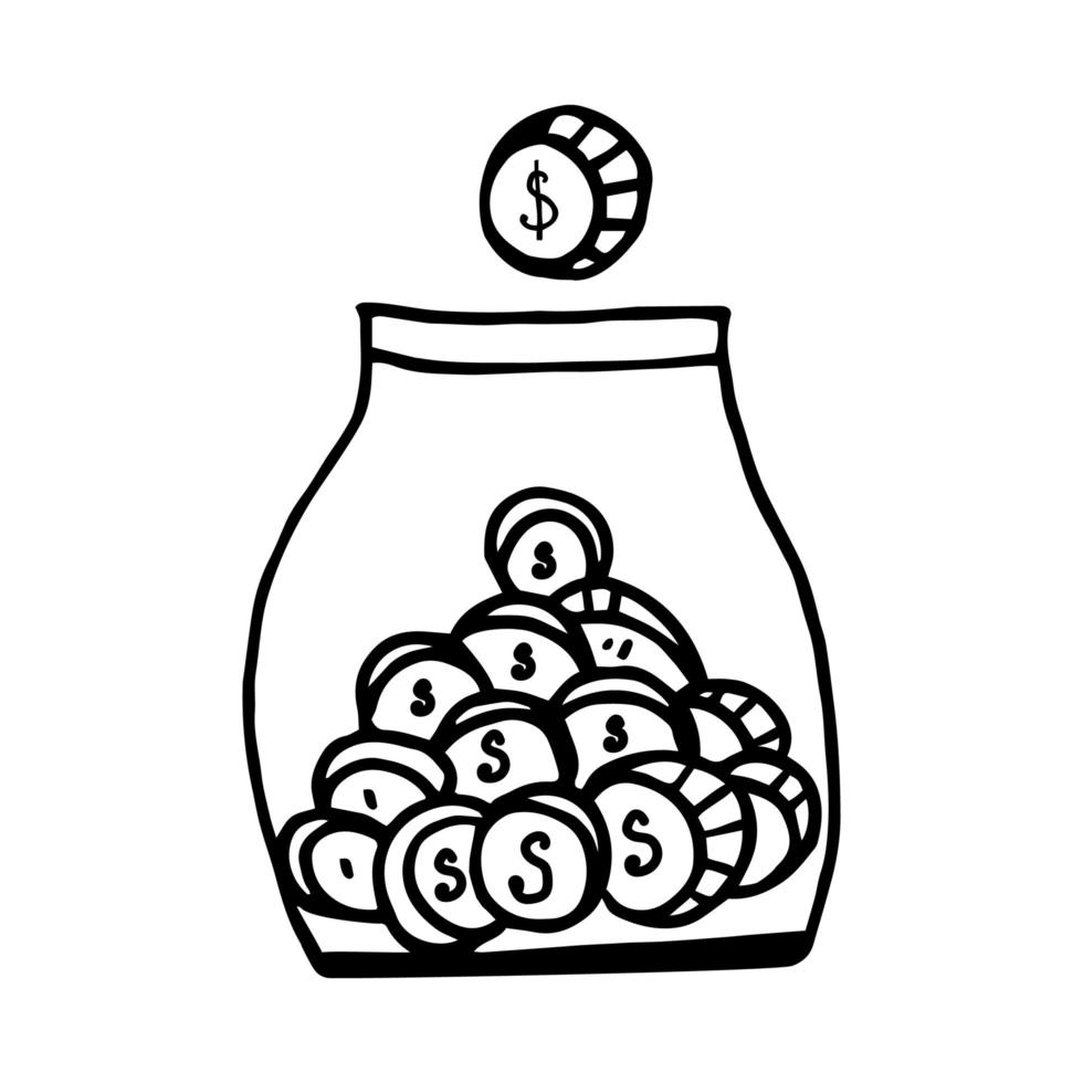 Coins in a glass jar on a blurry background with a copy of the concept of space for business and financial growth. Illustrations of vector design in the style of handmade doodle works
