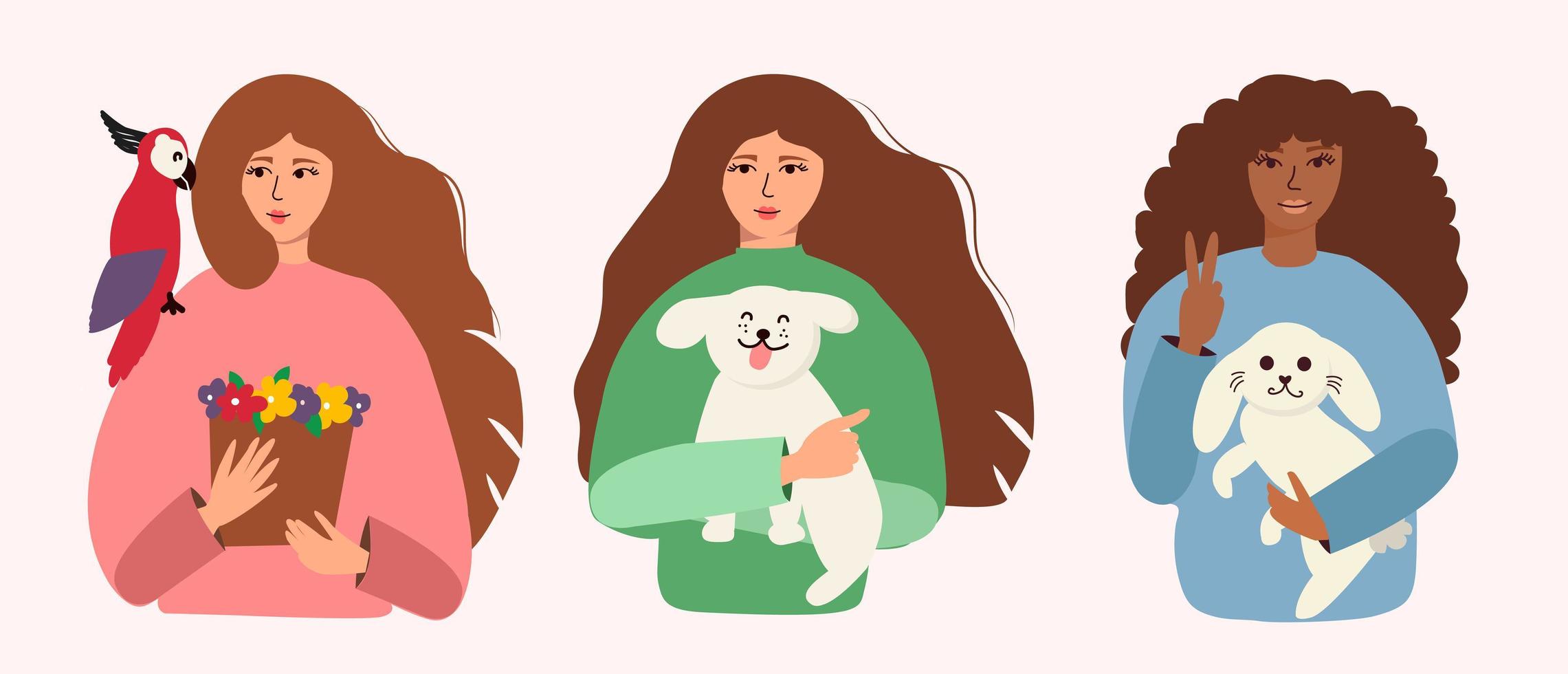 Women of different nationalities and their animals are isolated. Vector illustration in a flat style