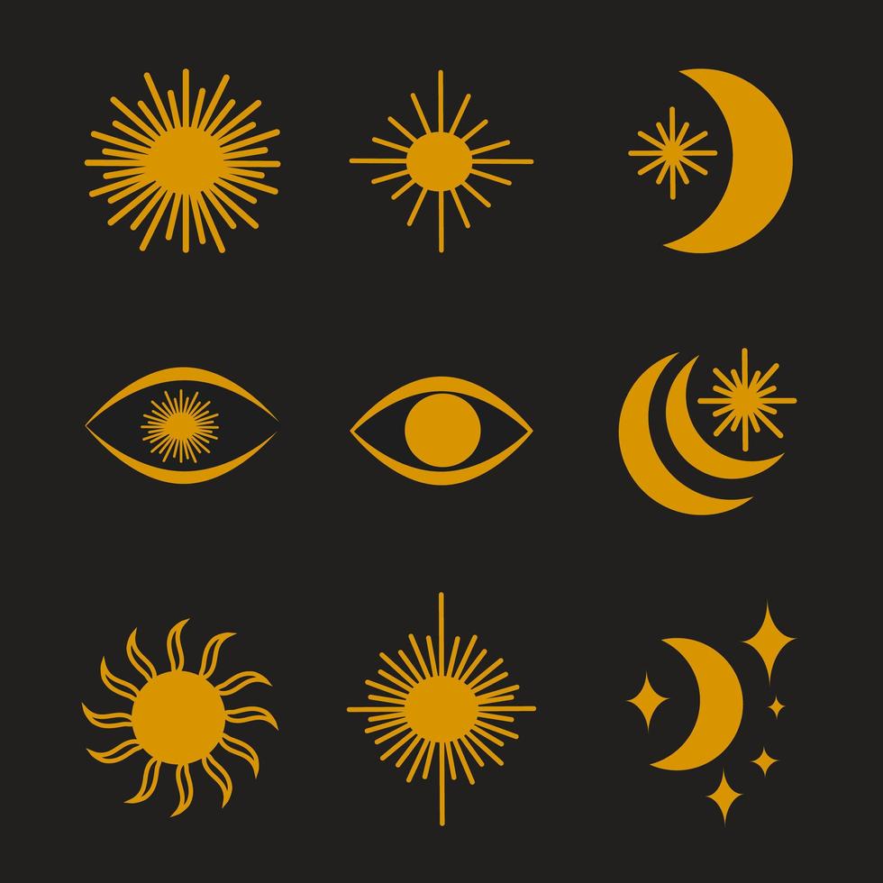 conjunto de elementos místicos esotéricos. sol, luna, ojo, estrellas. vector