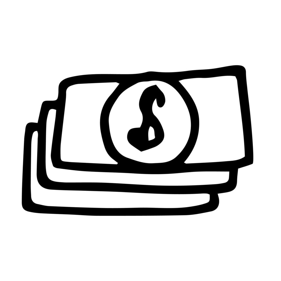 Vector Money. Hand Drawn doodle Dollar Banknotes and Coins