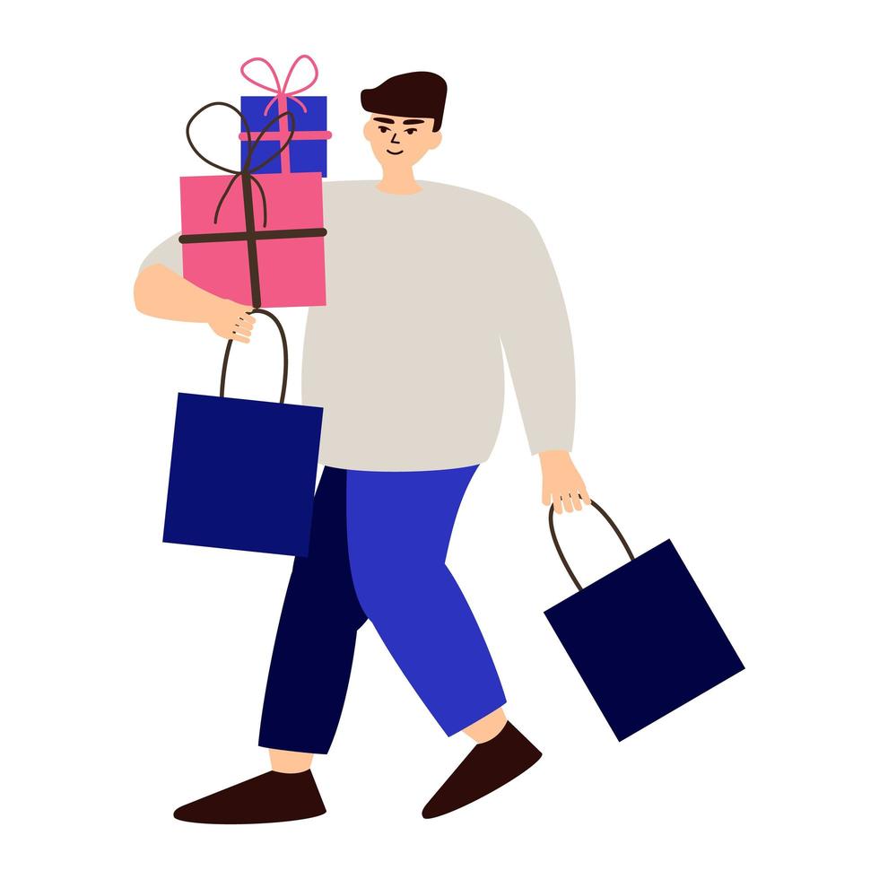 hombre de dibujos animados sonriente sosteniendo un montón de bolsa de compras disfrutar de ilustración plana de vector de descuento. chico de color feliz de pie con el paquete durante la venta aislado sobre fondo blanco. hombre adicto a las compras positivo