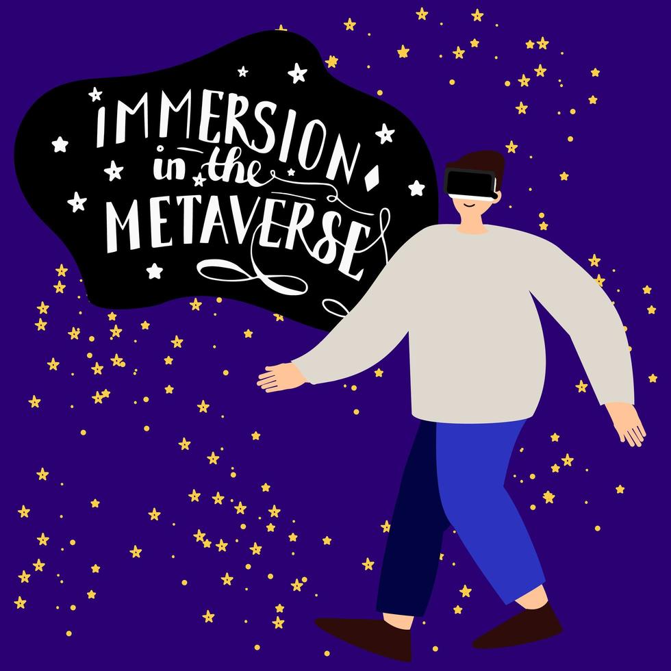 el hombre usó gafas para la realidad virtual en línea en la ilustración de diseño de línea plana de vector de pictograma de estilo de dibujo a mano de metaverso profundo. inmersión en el metaverso