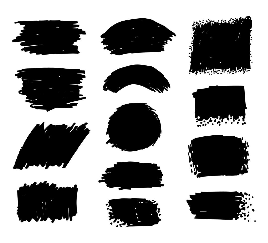 Large set of black paint, felt-tip pen strokes, brushes, lines, roughness. Black decoration elements for banner design, boxes, frames. Vector illustration