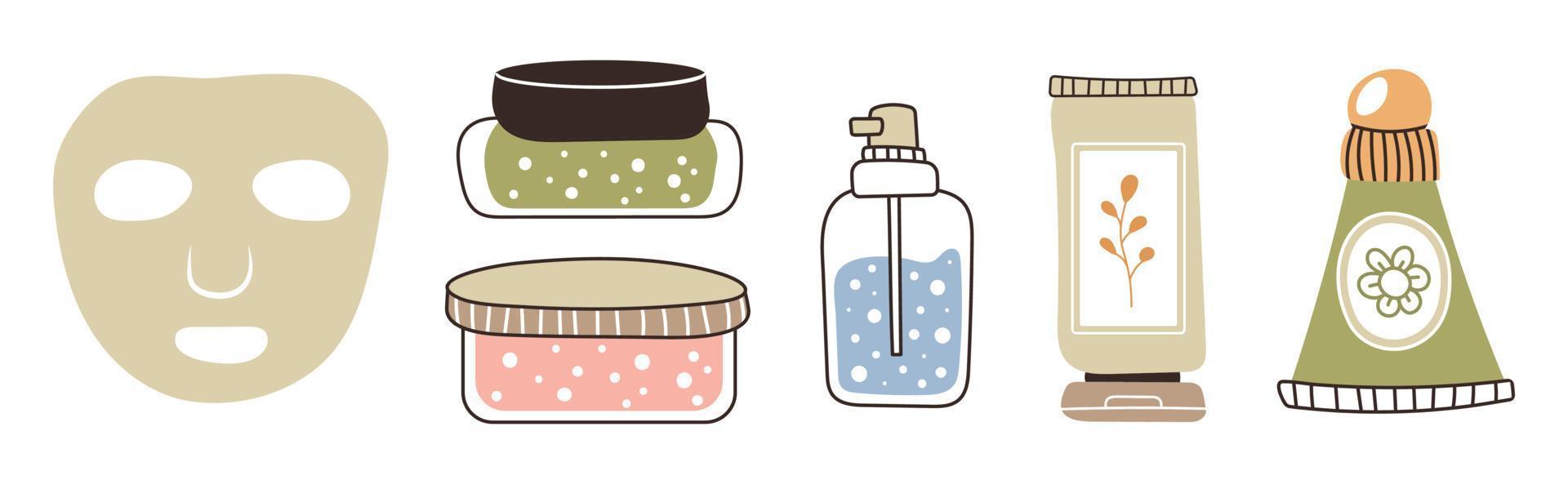 A set of bottles and tubes of cosmetics, jars for skin care with face, hair and body cream. Trendy style for postcard, banner, wrapping paper template. Vector illustration.