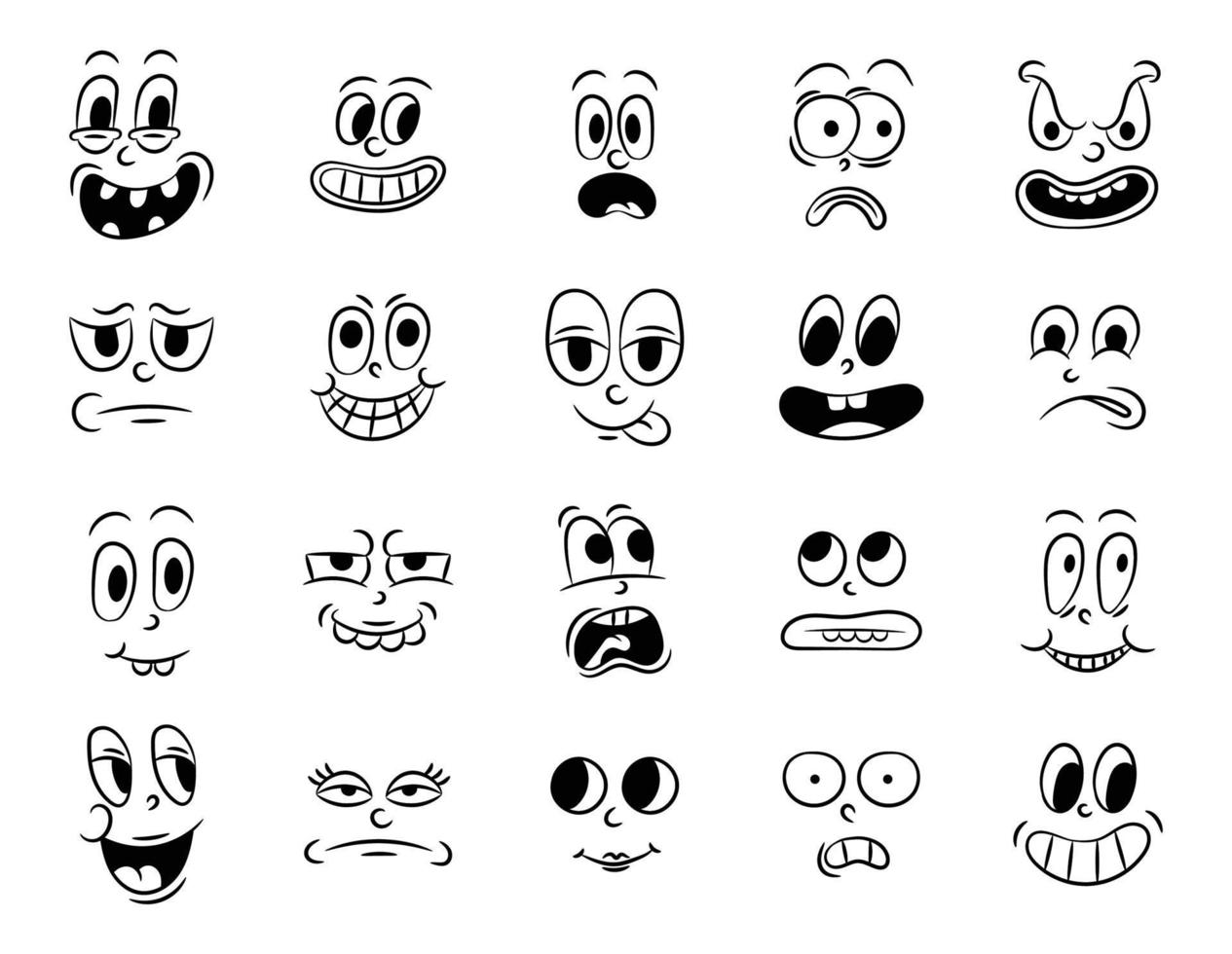 Collection of old retro traditional cartoon animation. Vintage faces of people with different emotions of the 20s 30s. Emoji character expressions 50s 60s. Head faces design elements in comic style vector