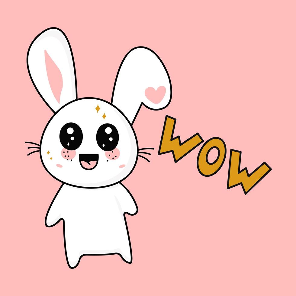 Cute funny kawaii little hare and the inscription wow. Vector flat icon illustration of a character from the kawaii cartoon.