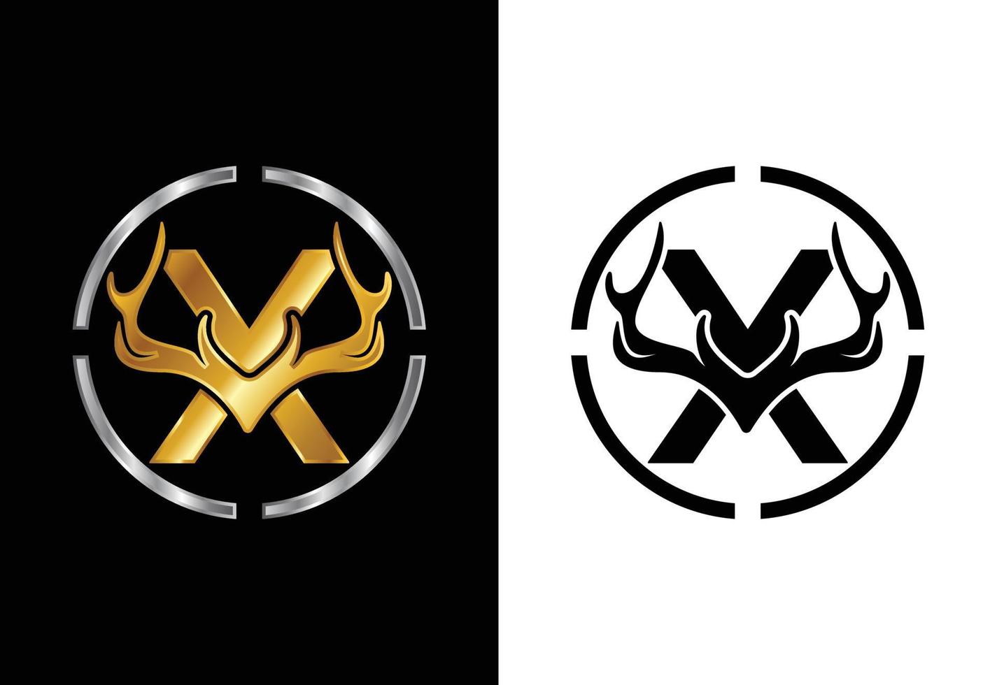 letra x con cuernos de ciervo en forma de objetivo, símbolo de inspiración de caza para la identidad empresarial corporativa vector