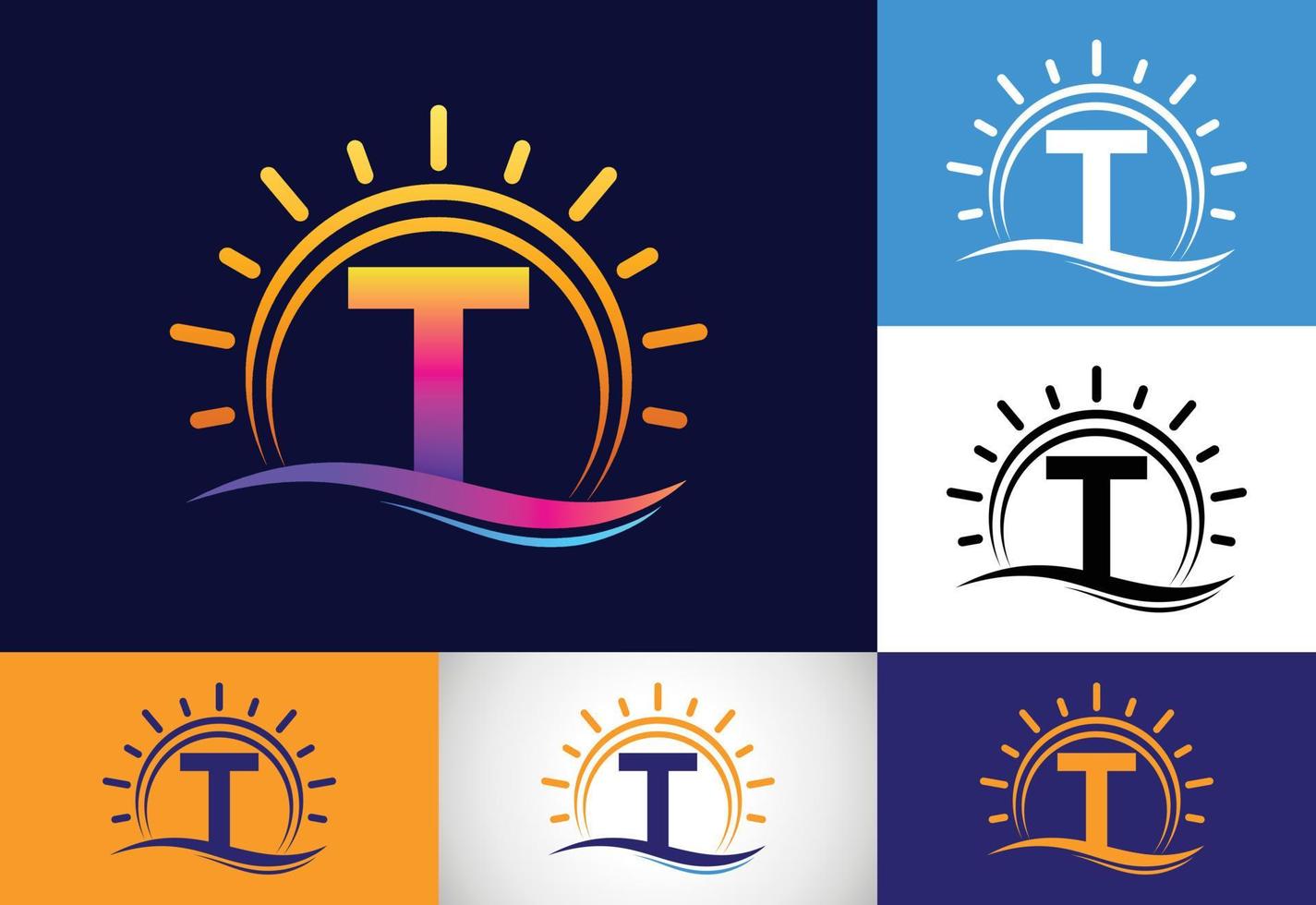 alfabeto inicial del monograma t con sol abstracto y onda. diseño del logo del sol del océano. emblema de fuente vector