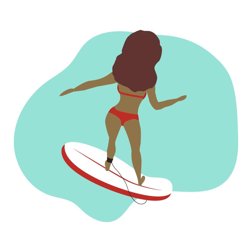 Sporty girl on the surf in a red swimsuit. vector
