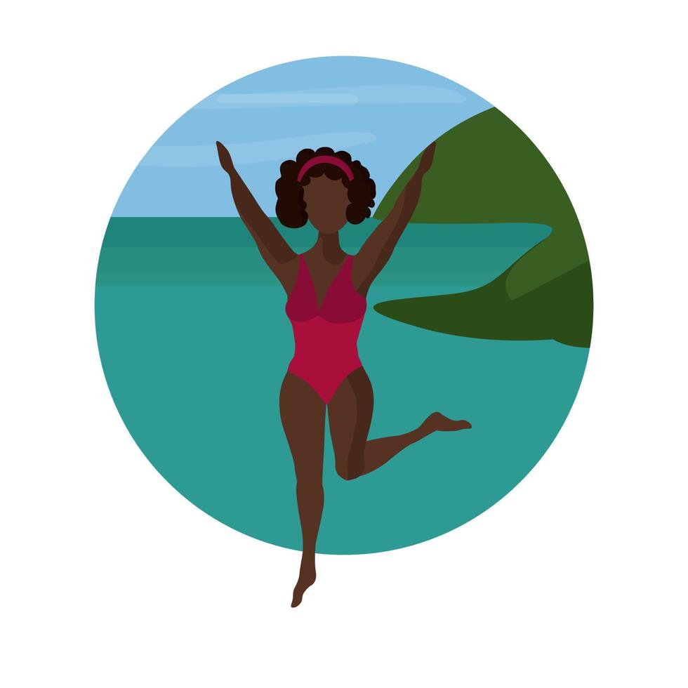 Black girl in a pink swimsuit by the sea. vector