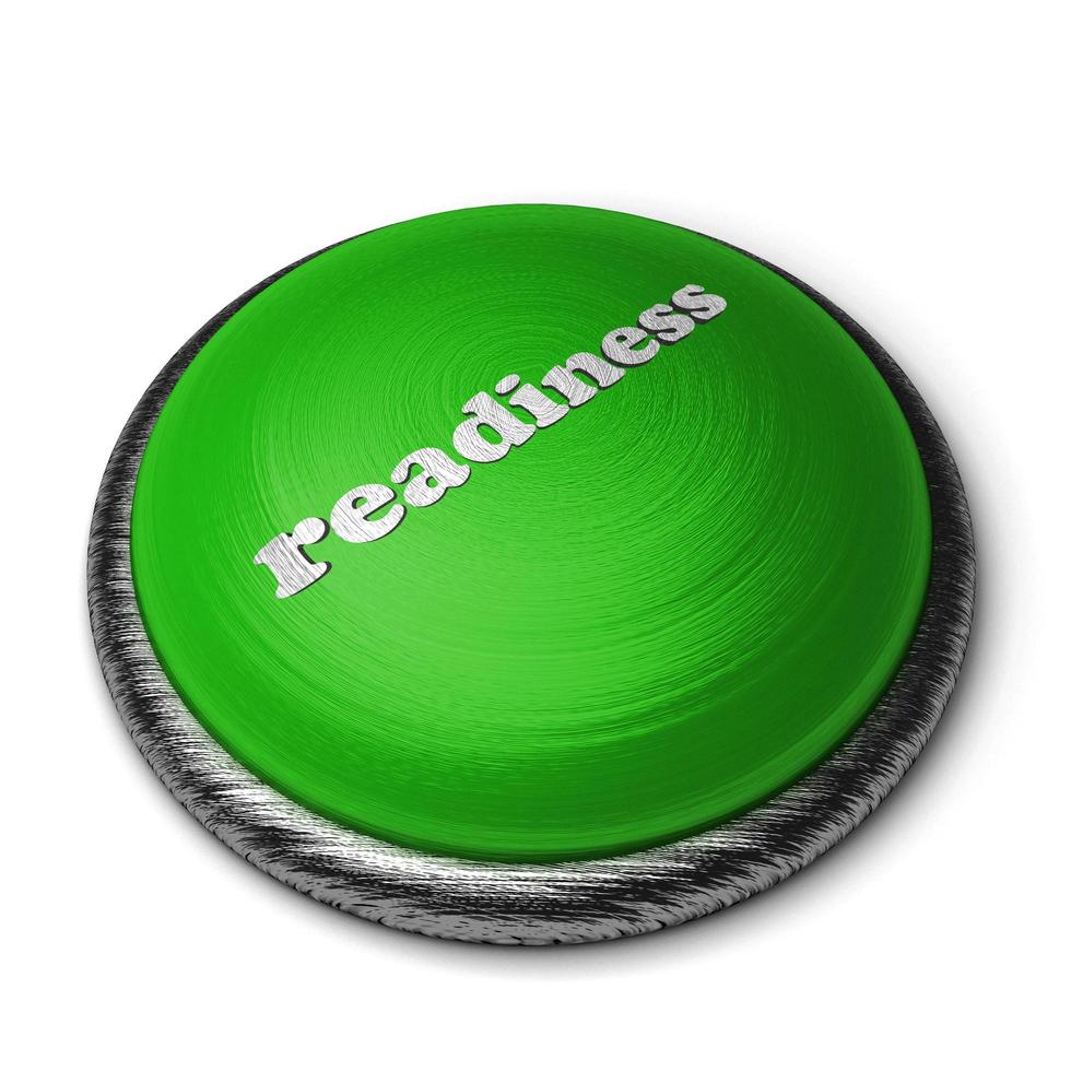 palabra de preparación en el botón verde aislado en blanco foto