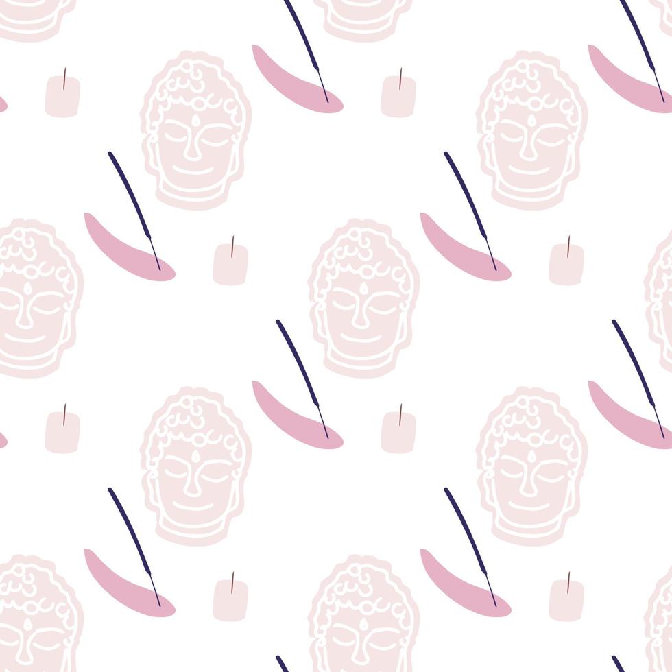 Seamless pattern with llustration a buddha symbol, incense stick and candle in light pink shades on a white background For yoga atmosphere and spa Vector