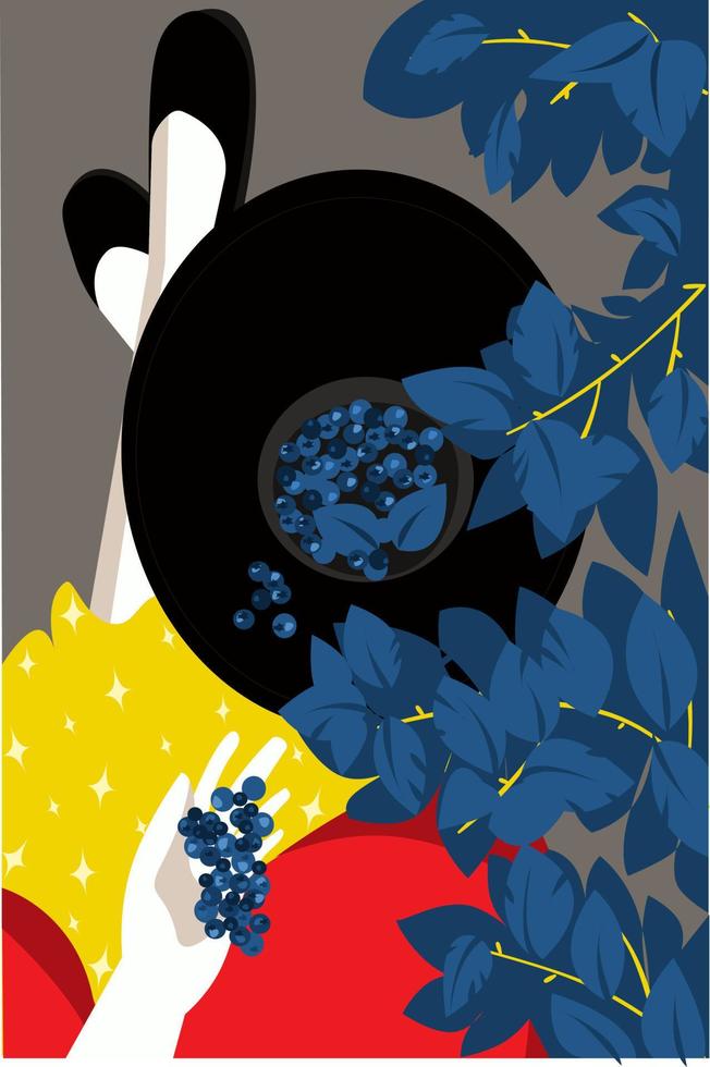 Vector illustration. Flat style. Limited color palette. Postcard format. Girl sitting in garden with hat full of blueberries. Blueberries in her hand. Red and Yellow fabric dress. Tree branches