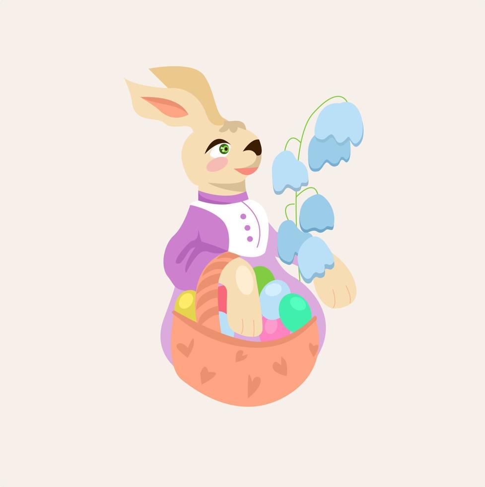 Vector illustration of Easter bunny. Rabbit holding basket of decorated Easter eggs. Colorful. Cartoon style.