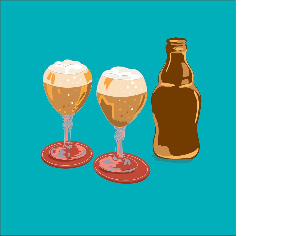 Vector illustration of two beer glasses and bottle. Hand drawn. Beer with foam. Cold beer. Isolated. Craft beer. Brewery. Colorful.