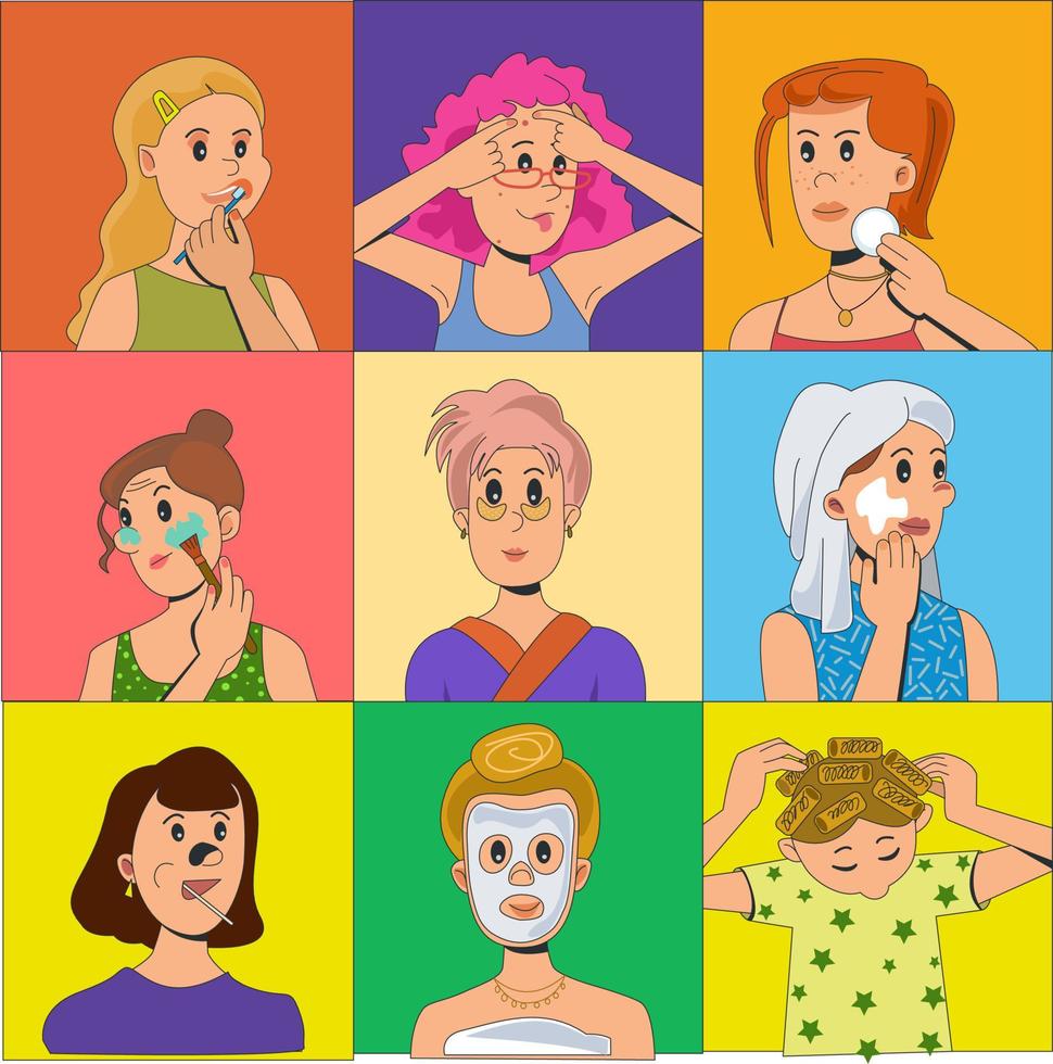 Flat vector illustration of daily beauty routine for girl. Fun cartoon styled portrait doodle. Self care and hygiene procedures. Ordinary skin care. Cue ale character. Colored background.