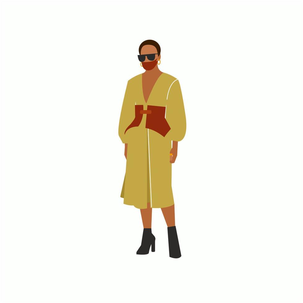 Vector illustration of black woman in fashion outfit and facial mask. Isolated on white background.
