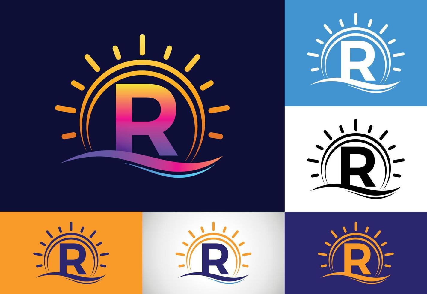 alfabeto inicial del monograma r con sol abstracto y onda. diseño del logo del sol del océano. emblema de fuente vector