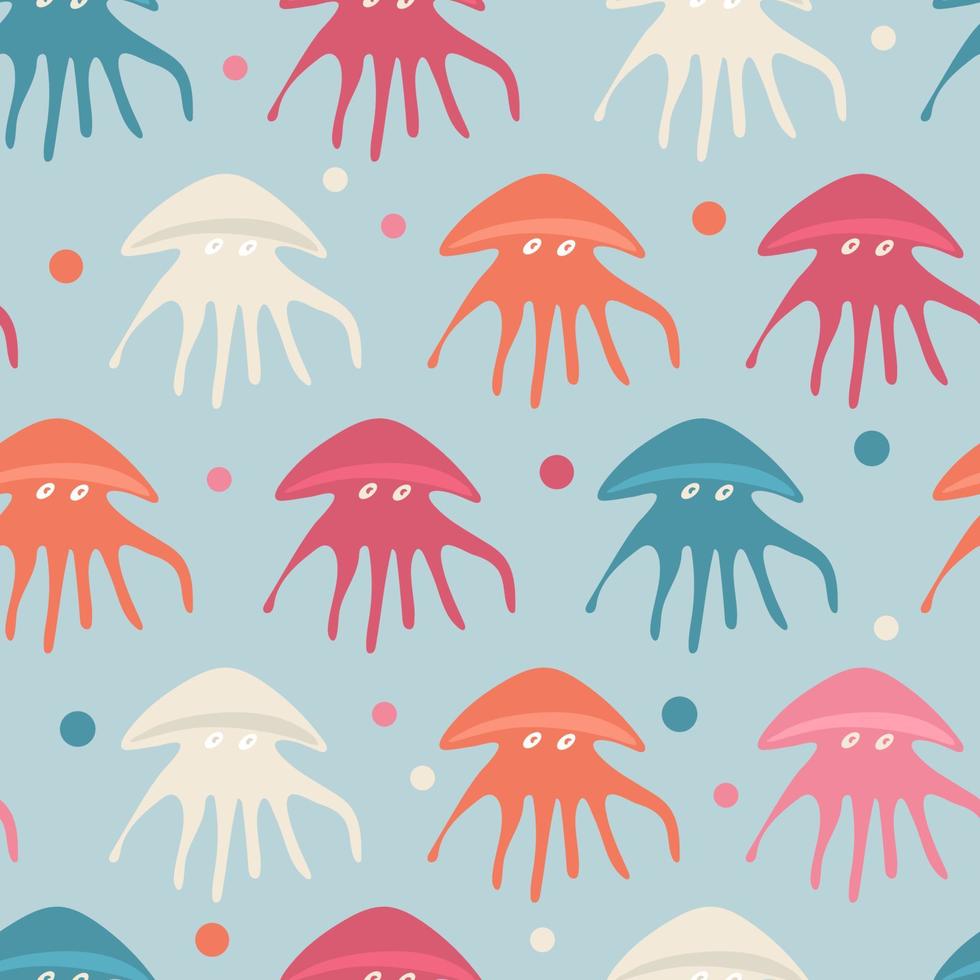 Seamless pattern with colorful jellyfish on blue background. Print for fabric, wrapping papers, wallpapers, fabric, covers, scrapbooking. Great for baby clothes. vector