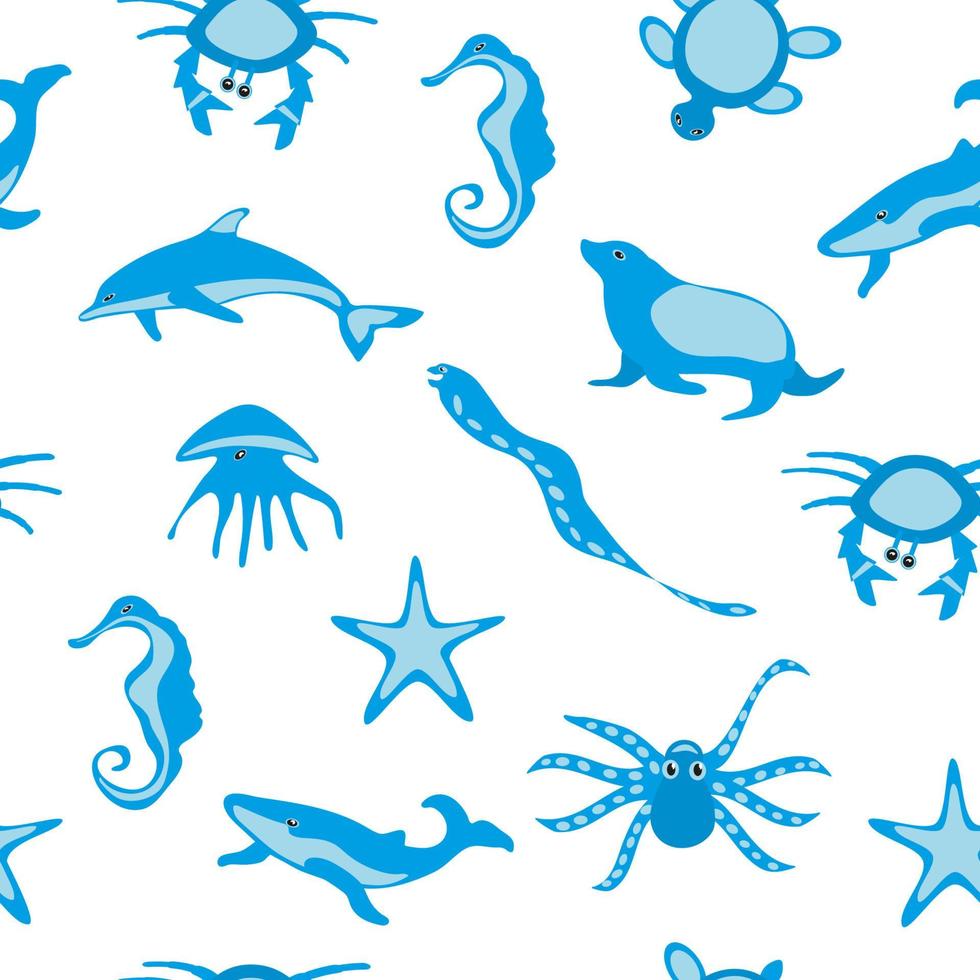 patrón sin costuras de animales marinos azules sobre fondo blanco vector