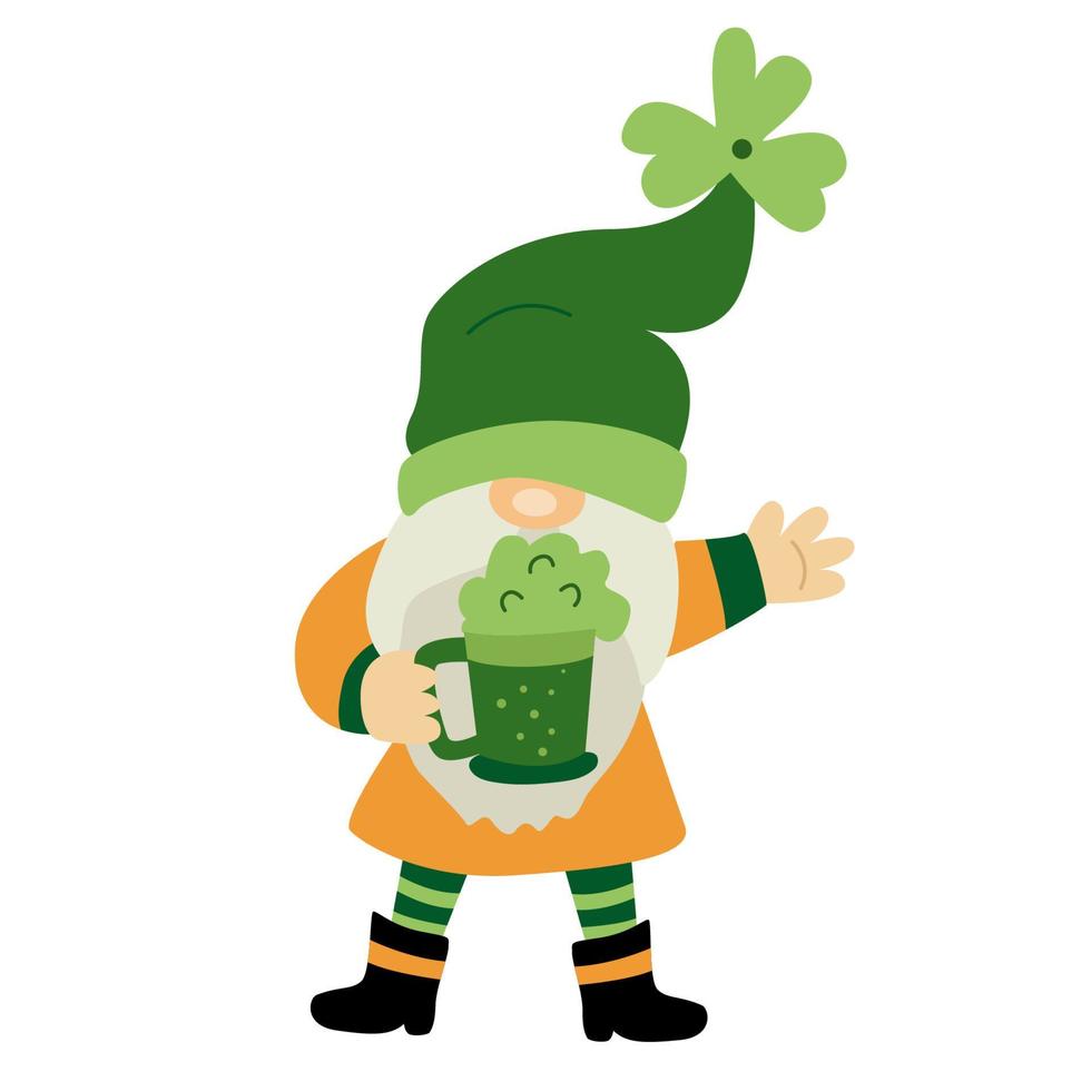 St. Patrick's Day funny gnome with green beer. Cartoon illustration isolated on white. Great for greeting cards, pub invitations, posters, t-shirts design. Male character. vector