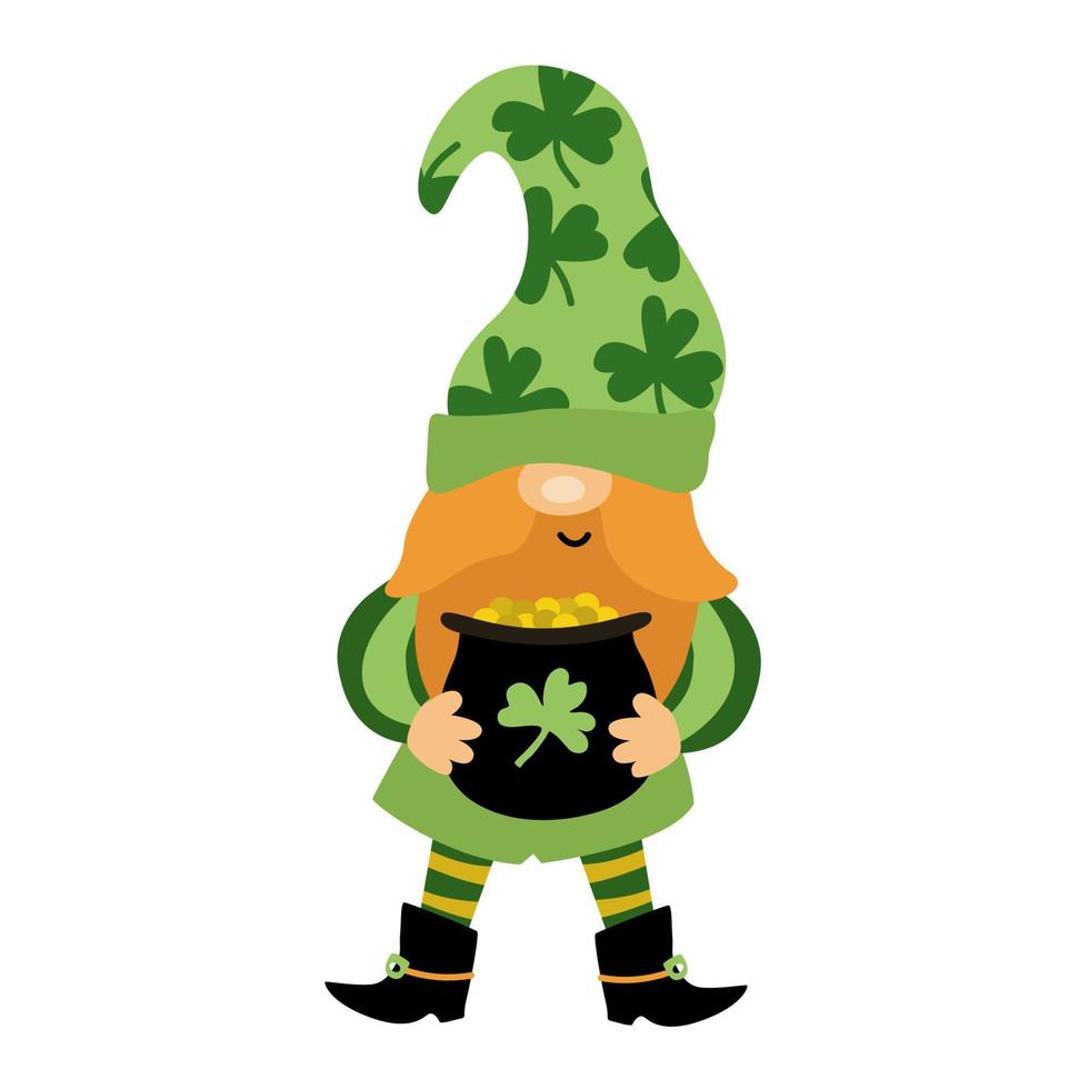 St. Patrick's Day funny gnome with pot of gold coins. Cartoon illustration isolated on white. Great for greeting cards, pub invitations, posters, t-shirts design. Male character. vector