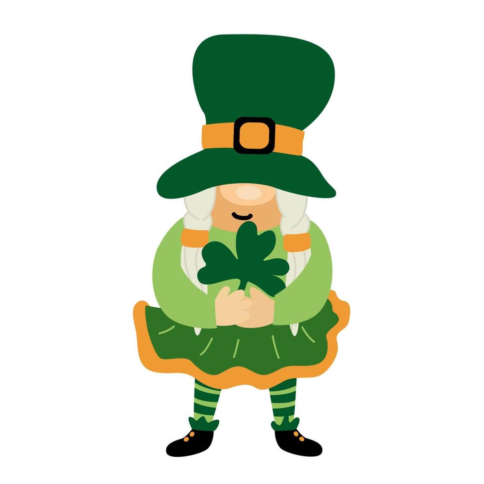 St. Patrick's Day funny gnome with clover. Cartoon illustration isolated on white. Great for greeting cards, pub invitations, posters, t-shirts design. Female character. vector