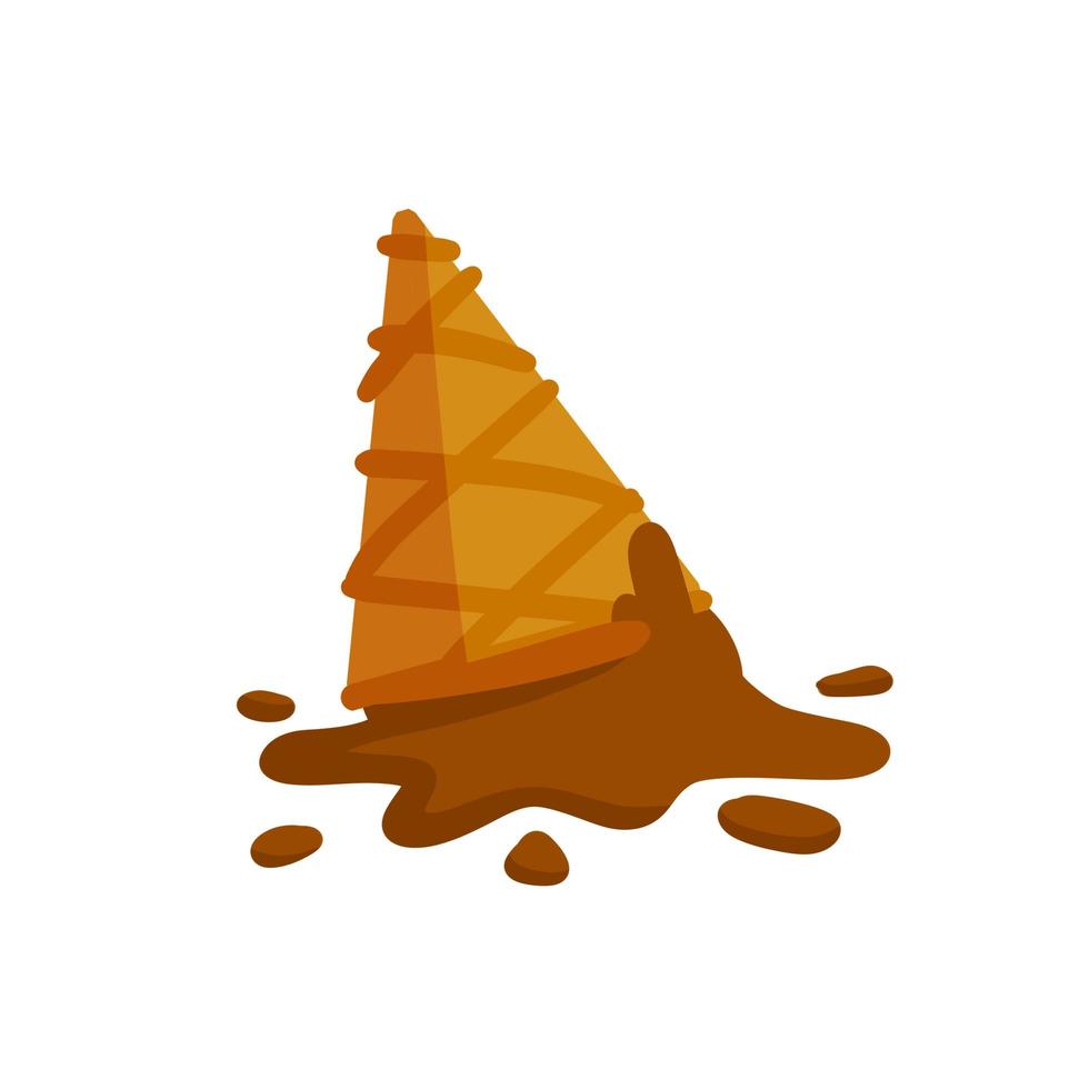 Melted ice cream in cone. Dessert fell to the ground. vector