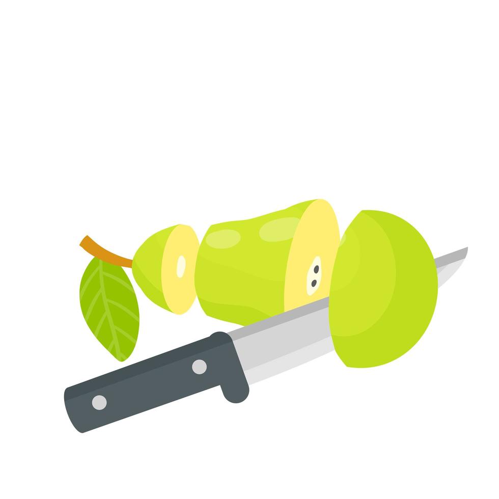 Pear. Sliced green fruit. Kitchen knife. Sweet pieces of dessert. vector