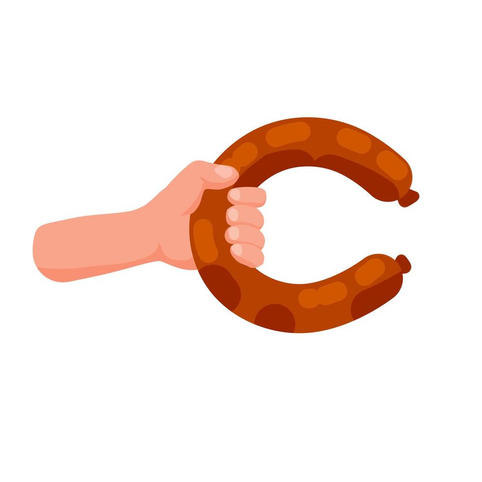 Hand hold sausage. Man offers food. Meat products. vector