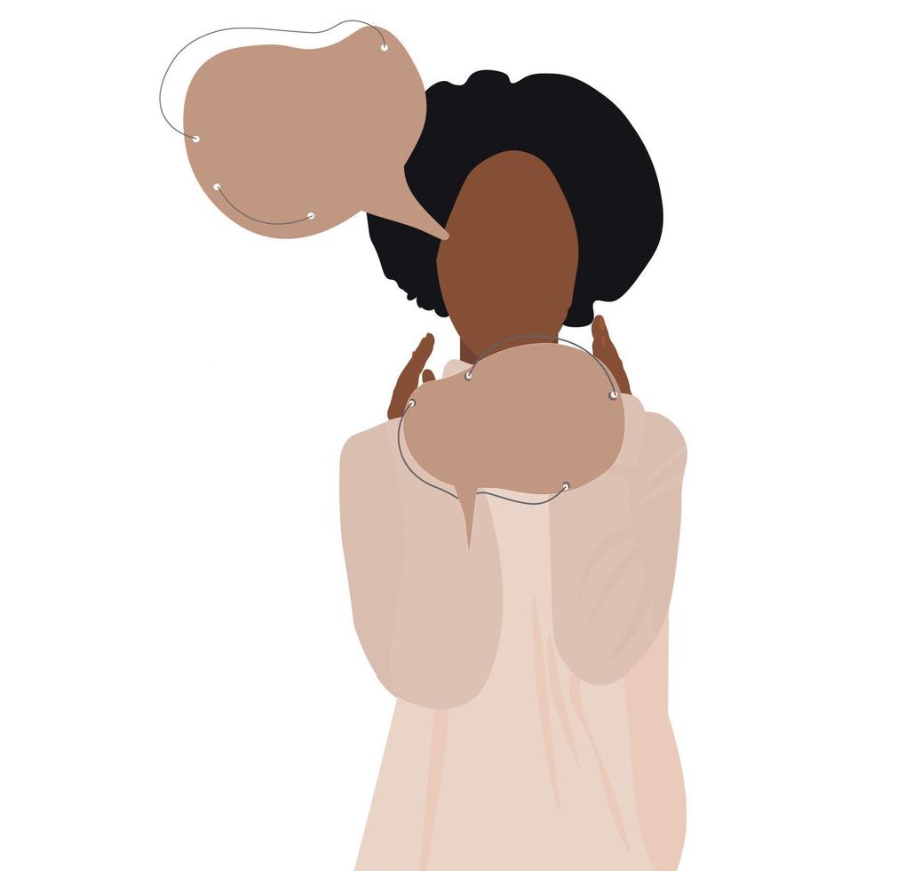 la chica tiene iconos de burbujas de habla vacíos en sus manos. ilustración de stock vectorial. retrato de mujer negra africana en un suéter. Correspondencia en el mensajero esperando una respuesta. aislado en vector