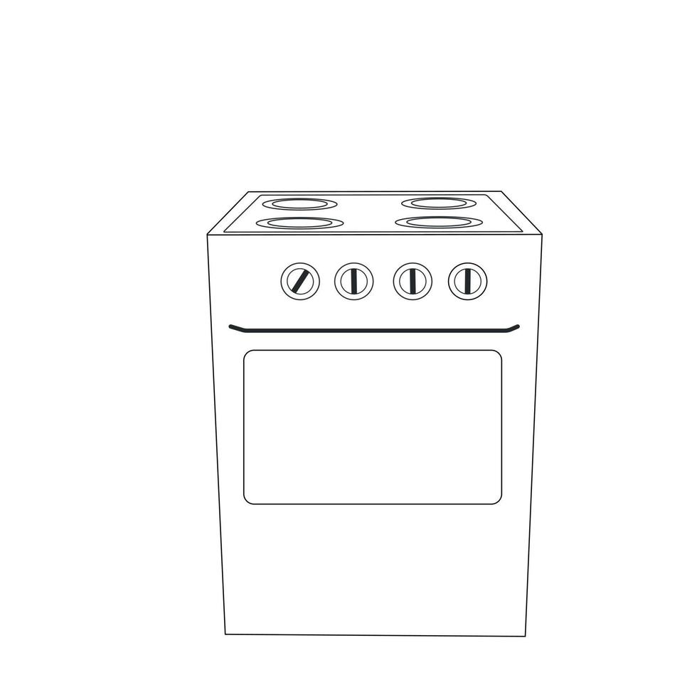 Electric oven and gas stove vector stock illustration. Black and white kitchen machine. A contour. Close-up of the doodle. Isolated on a white background.