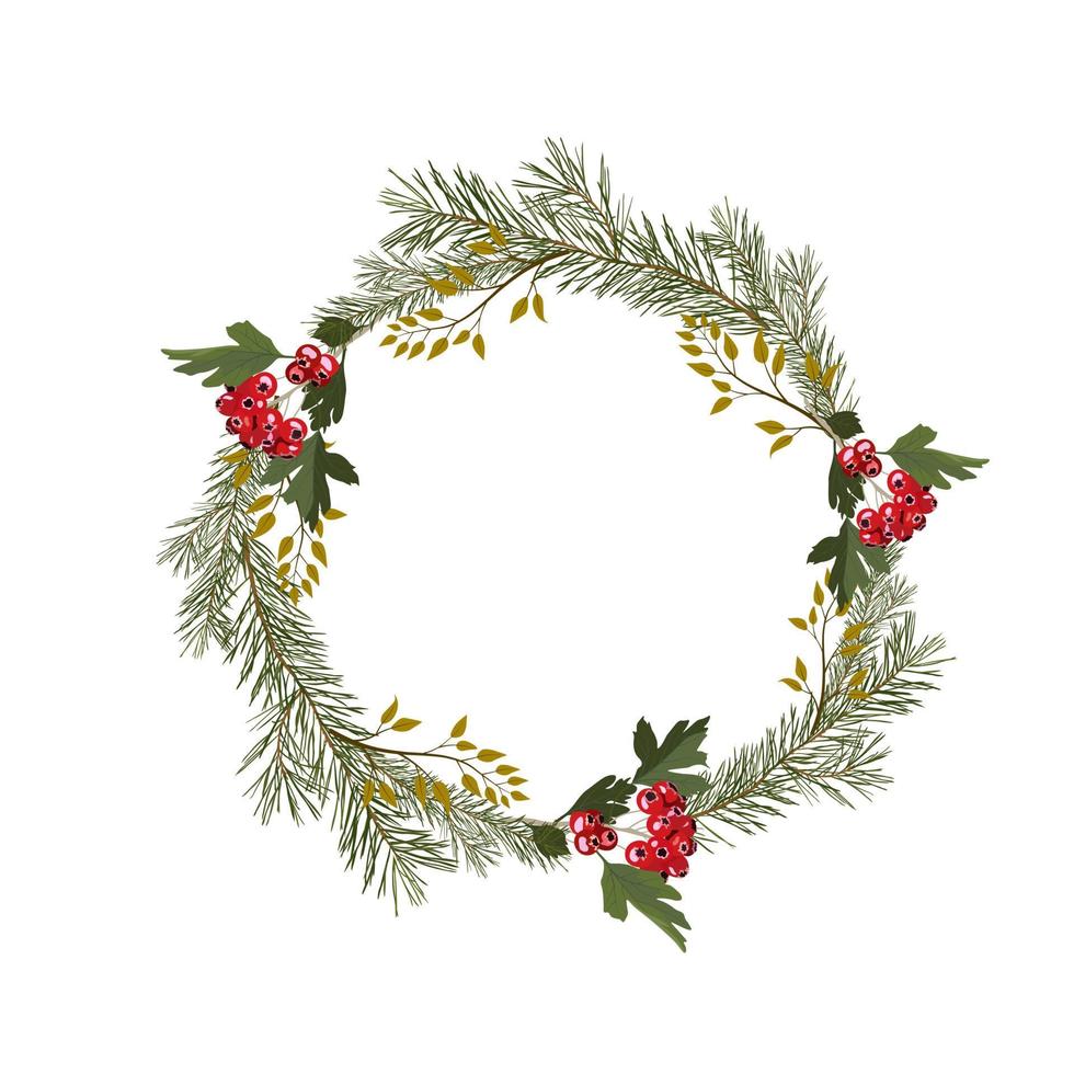 Coniferous round frame for Christmas. Red berries. Winter vector stock illustration. Isolated on a white background.