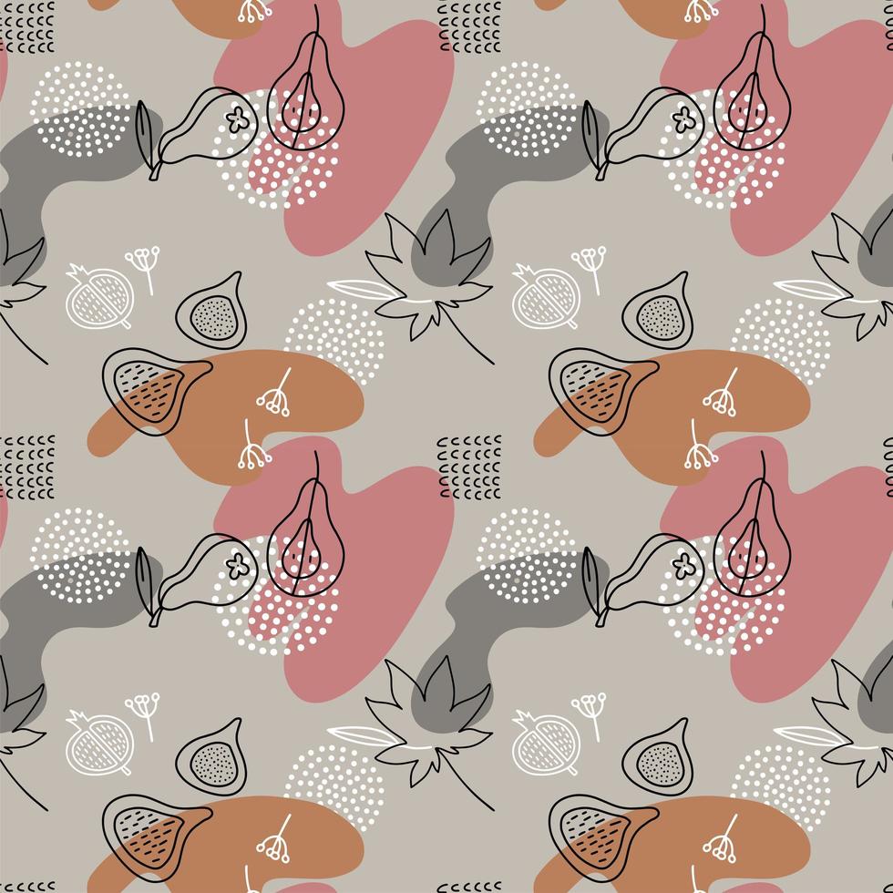 Cartoon Fig , paear, dots Vector Seamless Pattern in line art style with color spots. Abstract liquid hand drawn shapes.