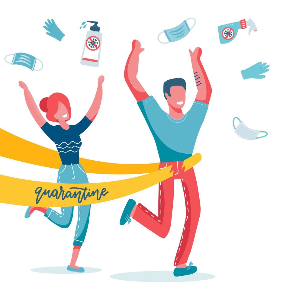 Quarantine is over concept. Pandevic end. Coronavirus is finish. Man and woman run, break the tape with the word quarantine and throws a protective mask, gloves and sinitizer. Vector flat illustration