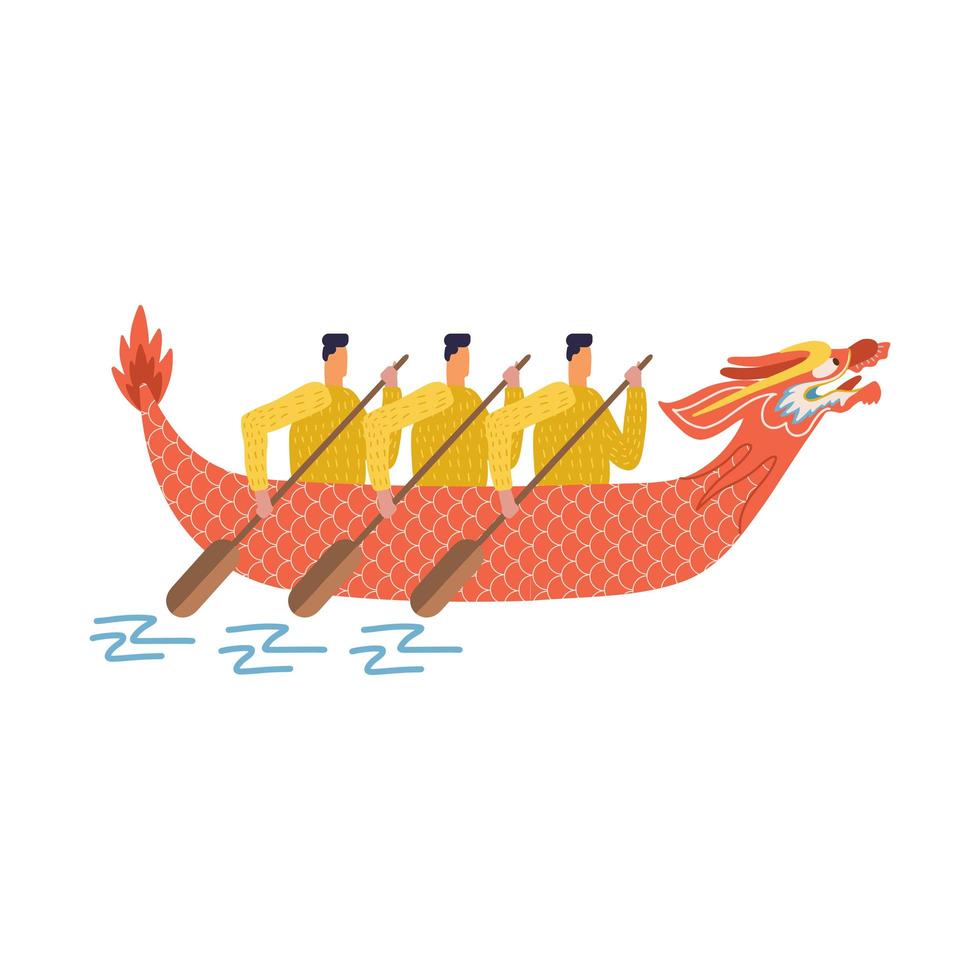 Asian men in long boats in shape of dragon. Vessels prepared to dragon boat festival and people with wooden paddles isolated vector illustrations.