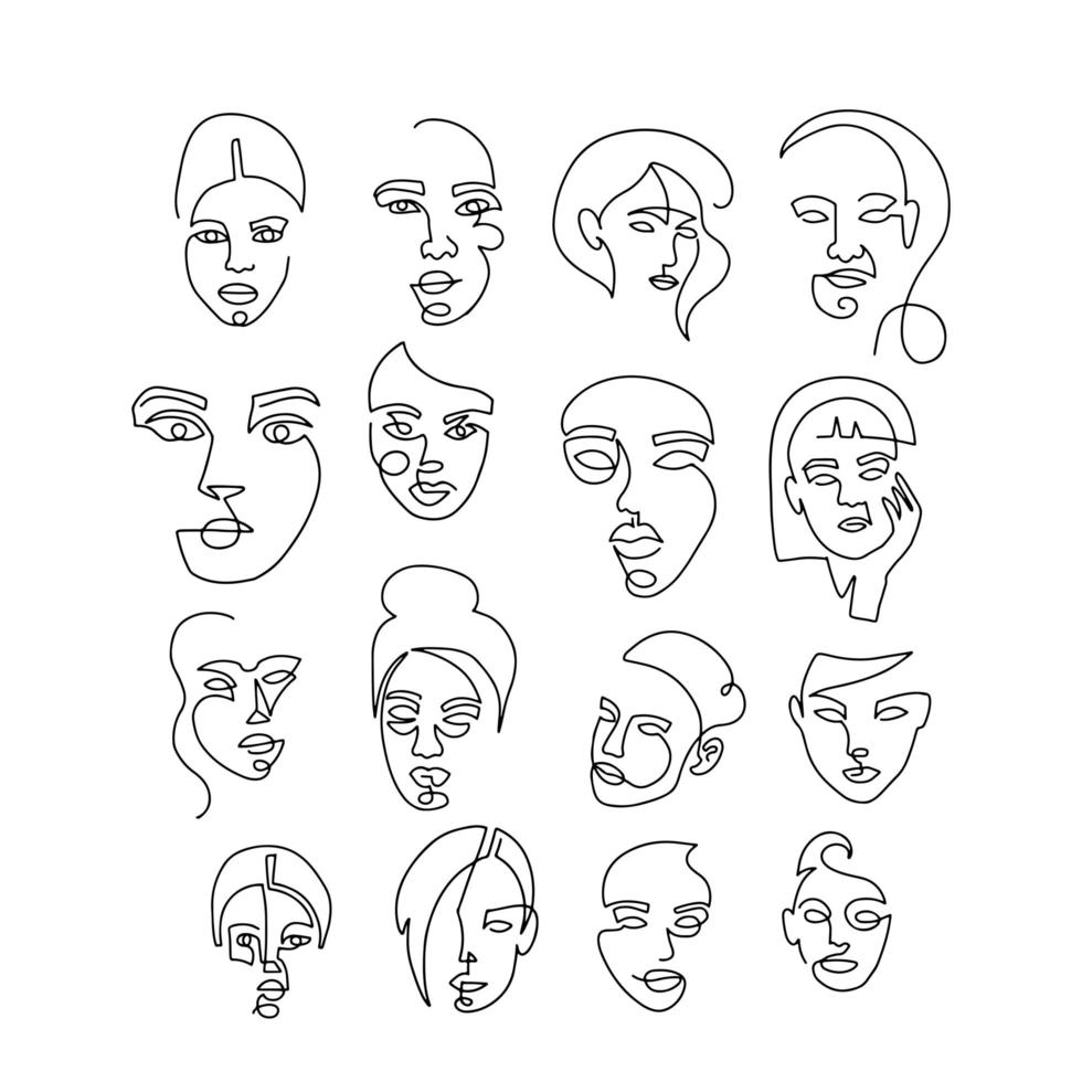 Set linear woman portraits. Continuous linear silhouette of female face. Outline art hand drawn of avatars girls. Linear vector glamour logo in minimal style .