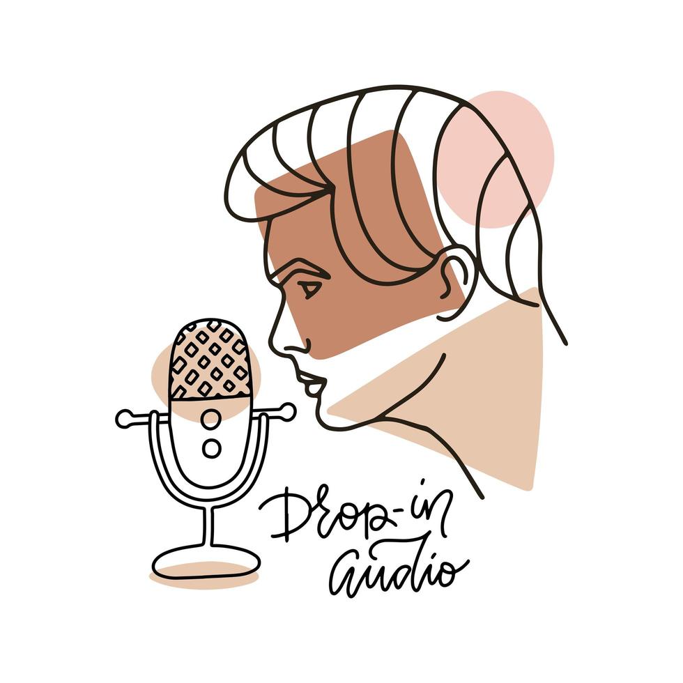 Social media linear illustration for drop-in audio chat. Male face in profile with professional microphone. Outline vector concept