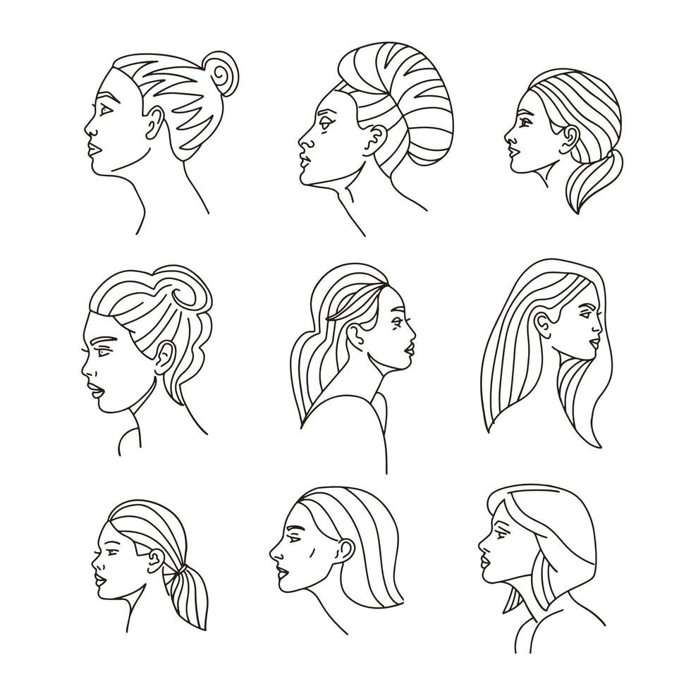 elegantes colecciones de rostros femeninos. caras y peinados de dibujo de una línea. concepto de moda, concepto minimalista lineal de belleza. arte estético. ilustraciones de estilo de línea vectorial dibujadas a mano vector