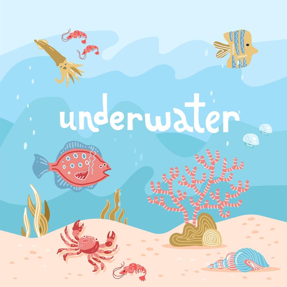 dibujado a mano dibujos animados mar naturaleza submarina escena color fondo web diseño plano con peces, algas, habitantes marinos, arena. cita de letras submarinas. ilustración vectorial del paisaje submarino vector