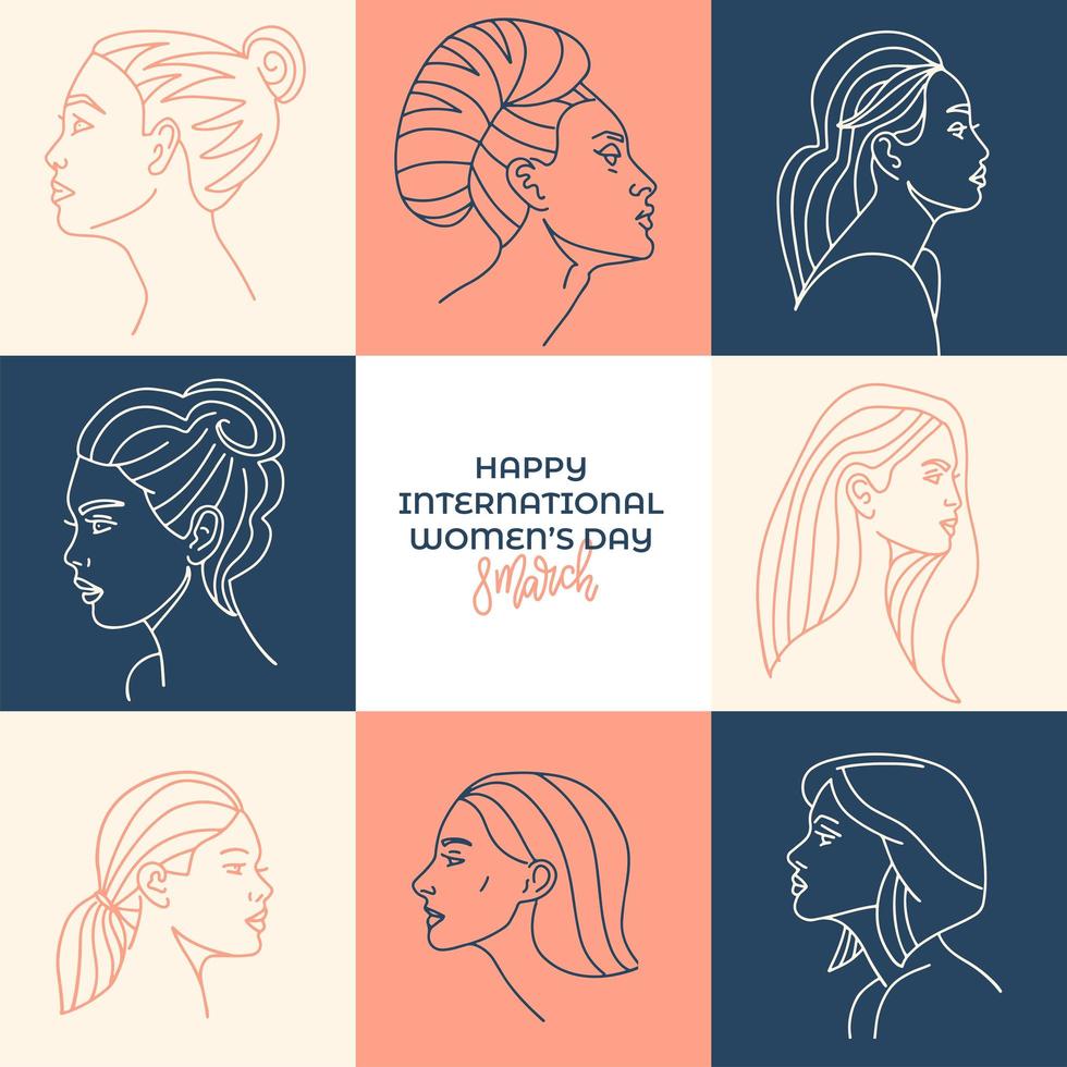 ilustración pastel del día internacional de la mujer para tarjeta de felicitación. colección de retratos de perfil de personajes femeninos. mosaico de caras lineales. línea dibujada a mano ilustración vectorial. vector